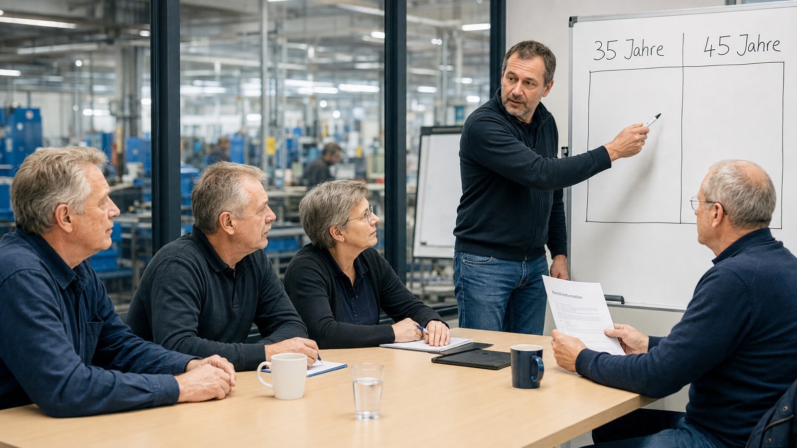 Ältere Beschäftigte besprechen bei einer Betriebsversammlung Rentenwege nach 35 und 45 Versicherungsjahren