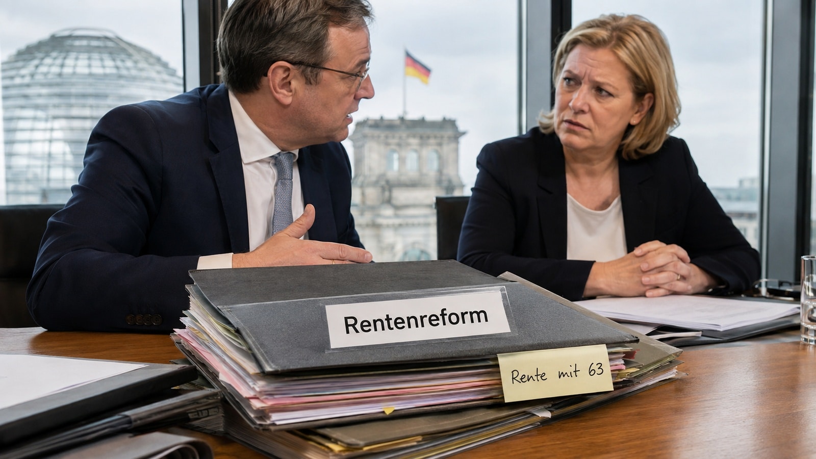 Aktenordner zur Rentenreform und zur Rente mit 63 liegen vor zwei diskutierenden Regierungsvertretern.