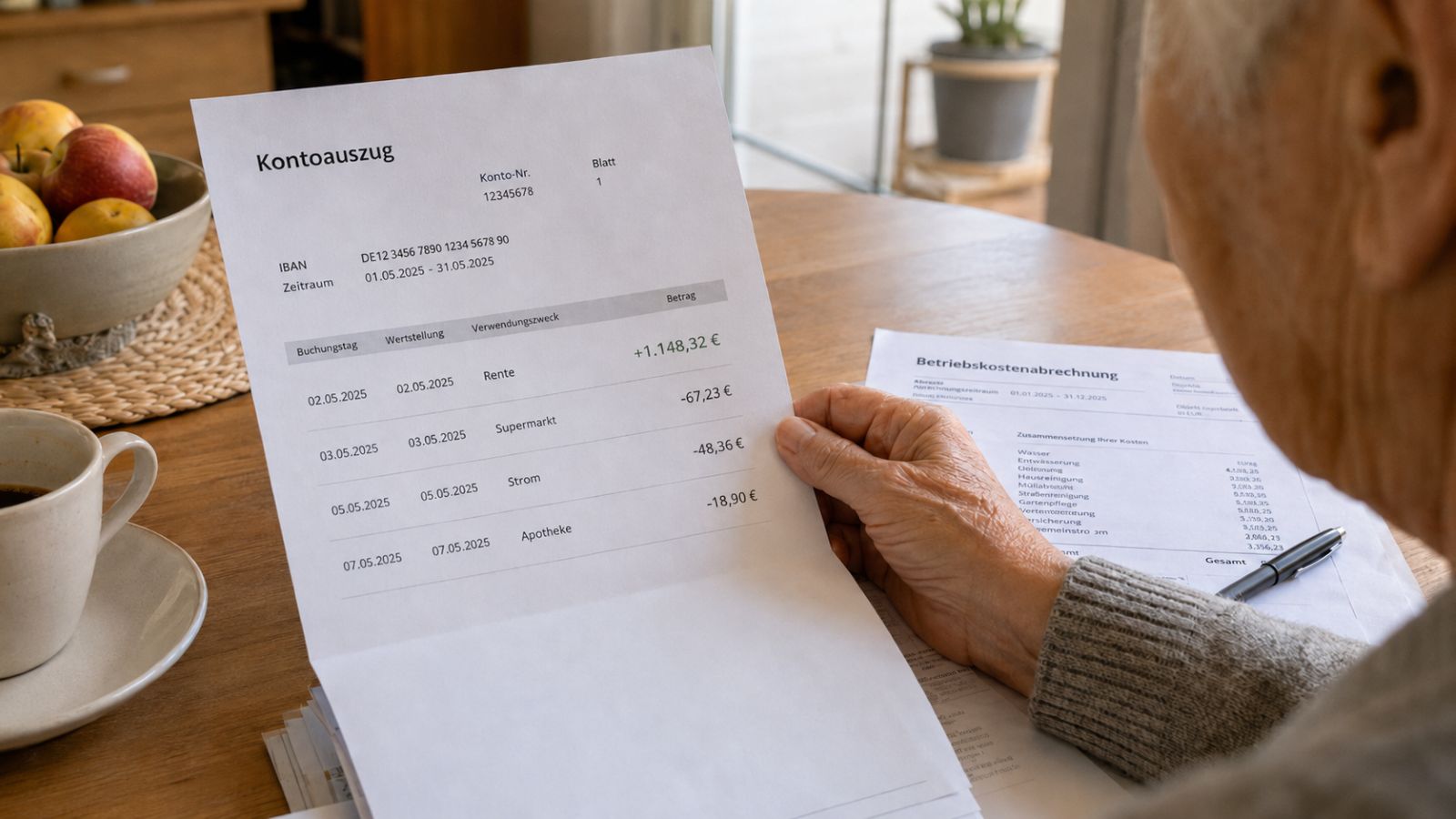 Rentner hält Kontoauszug der Bank mit Renteneingang unter 1.200 Euro