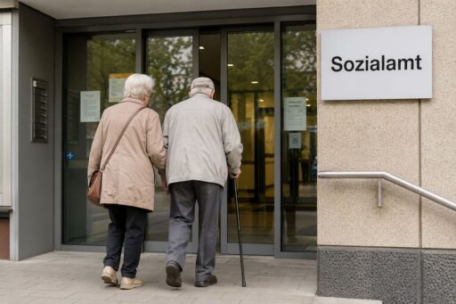 Rentner Ehepaar mit Gehstock betreten Sozialamt um Grundsicherung im Alter zu beantragen