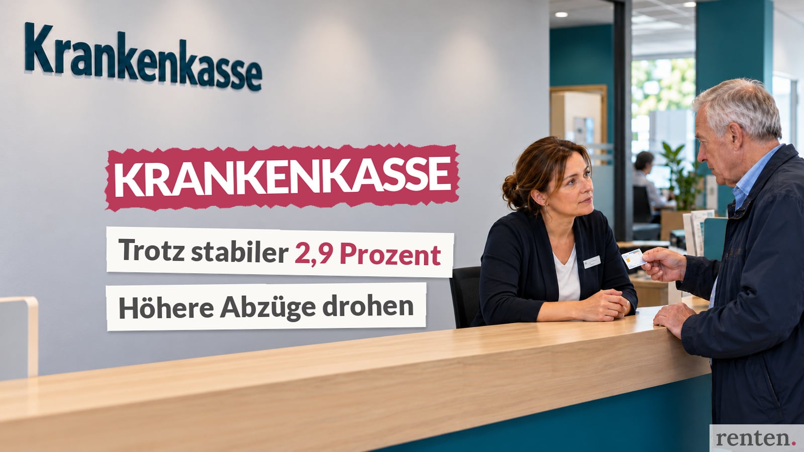 Rentner reicht einer Mitarbeiterin am Serviceschalter einer Krankenkasse seine Versichertenkarte.