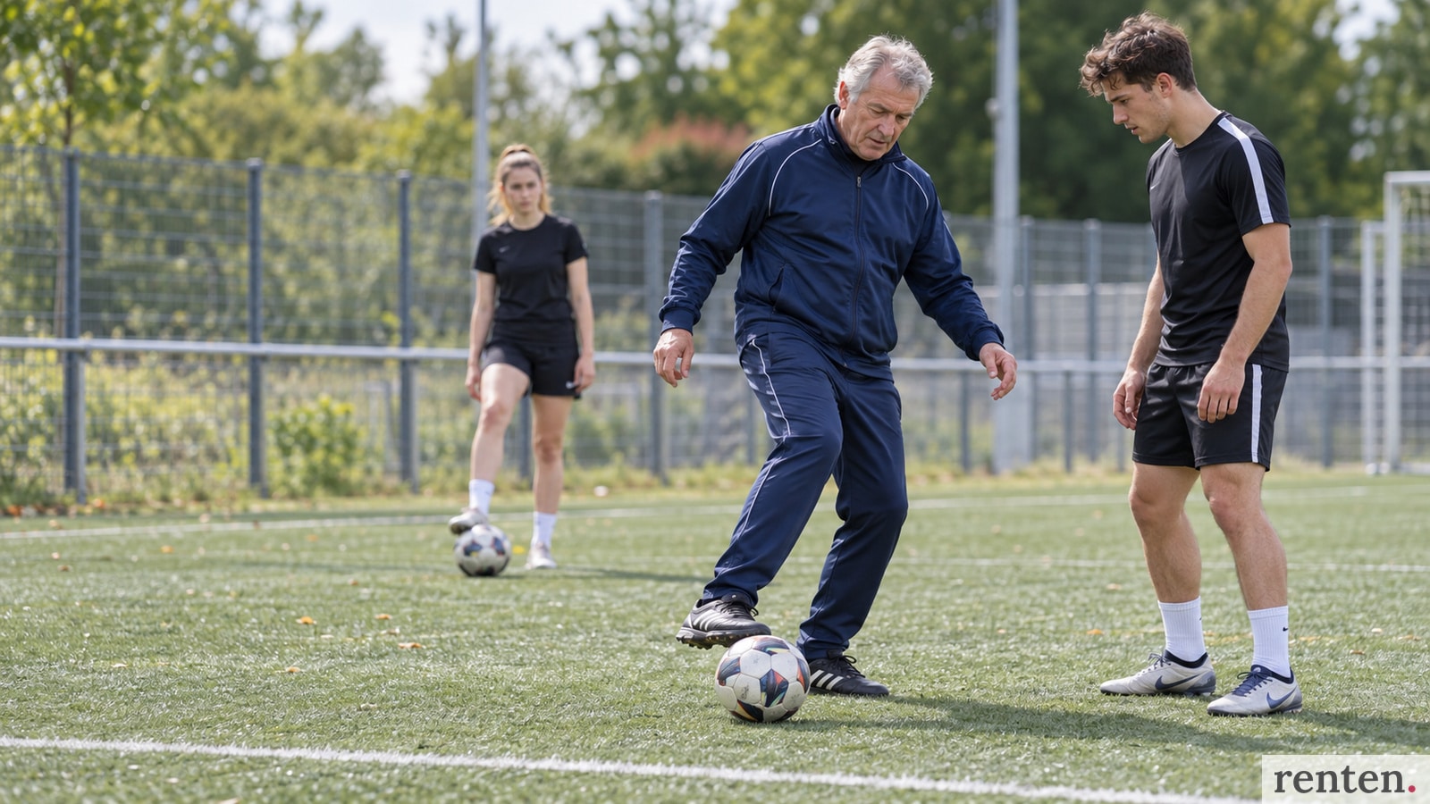 Älterer Übungsleiter demonstriert einem jungen Fußballspieler die Ballannahme auf einem Vereinsplatz.