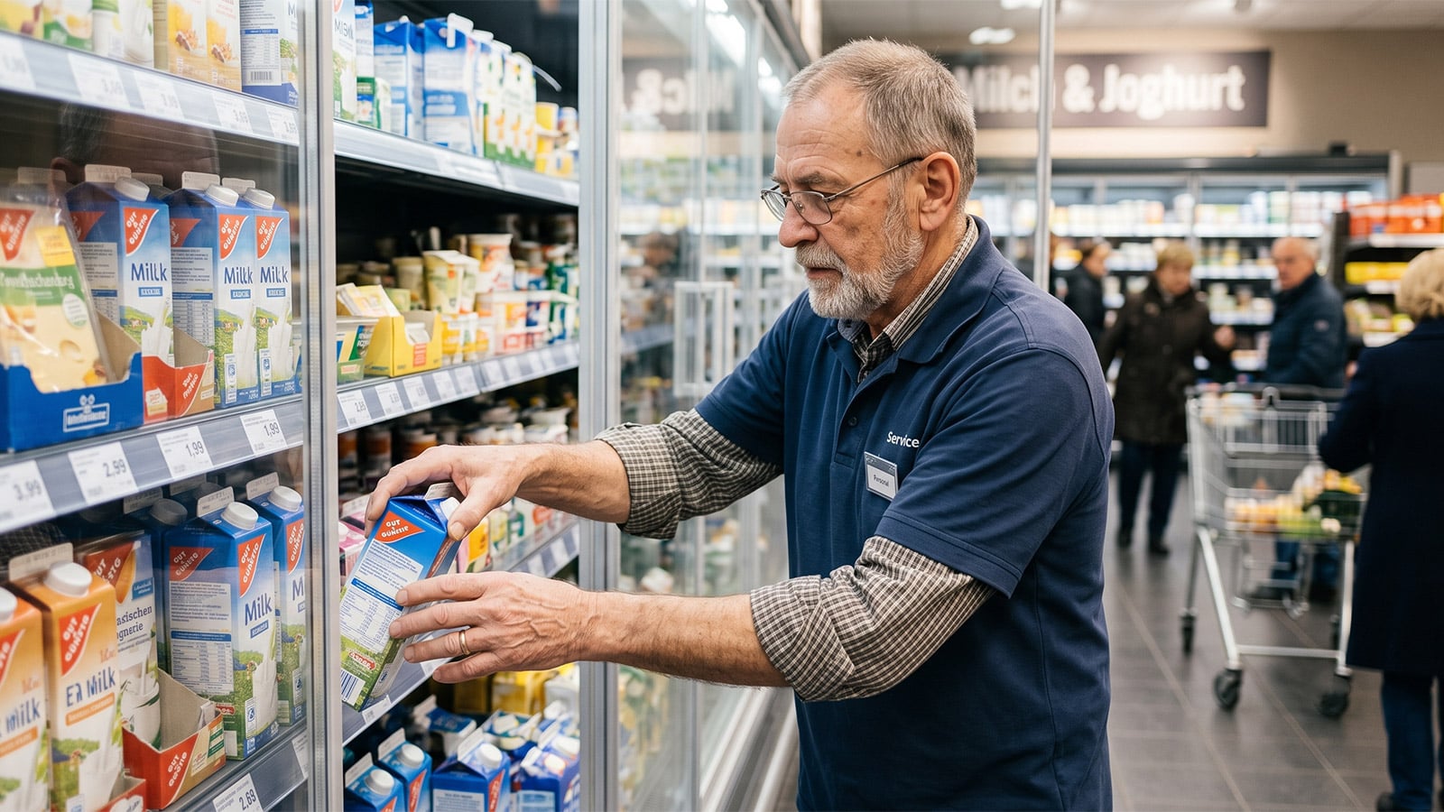 Rentner räumt im Supermarkt Regale ein, um seine Rente aufzubessern