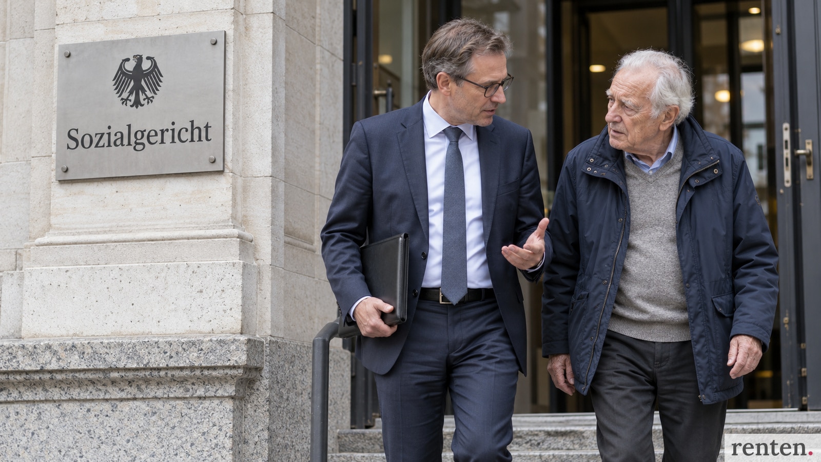 Rentner verlässt im Gespräch mit einem Anwalt ein Sozialgericht.