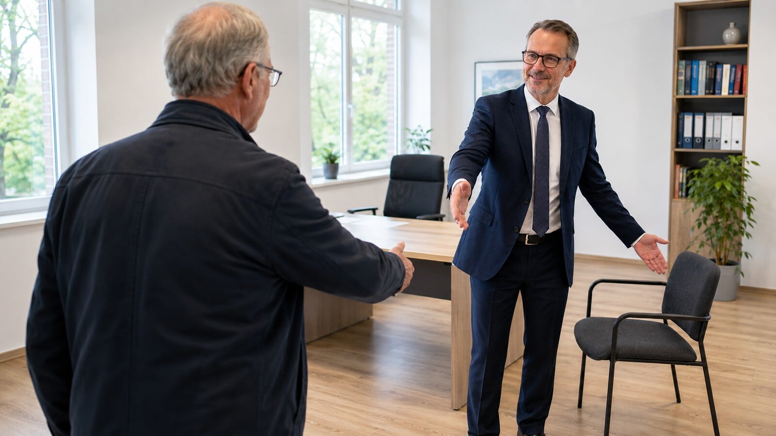 Rentner wird von einem Steuerberater in dessen Büro begrüßt