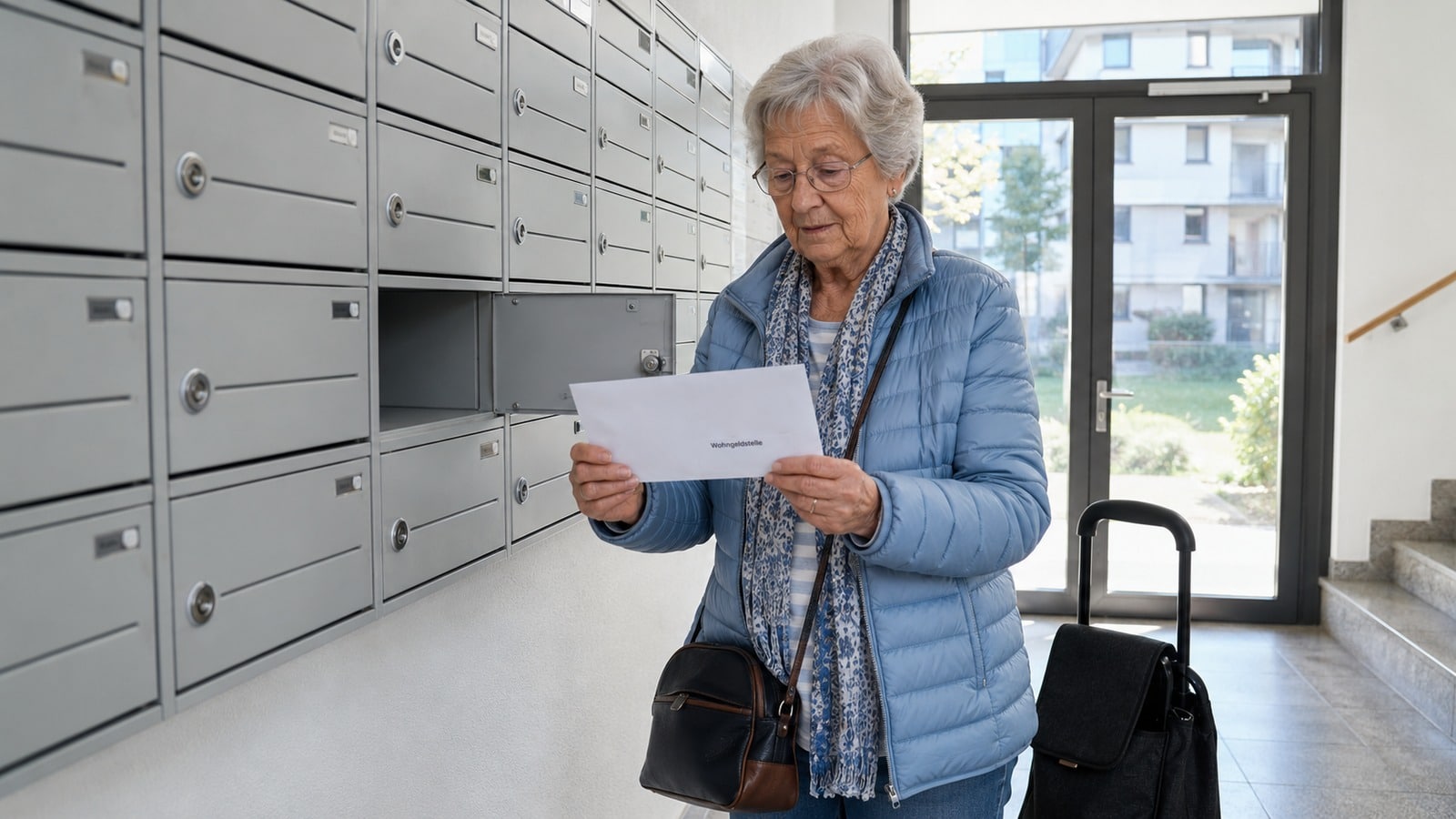 Alleinlebende Rentnerin nimmt in einem Mietshaus einen Brief der Wohngeldstelle aus ihrem Briefkasten.