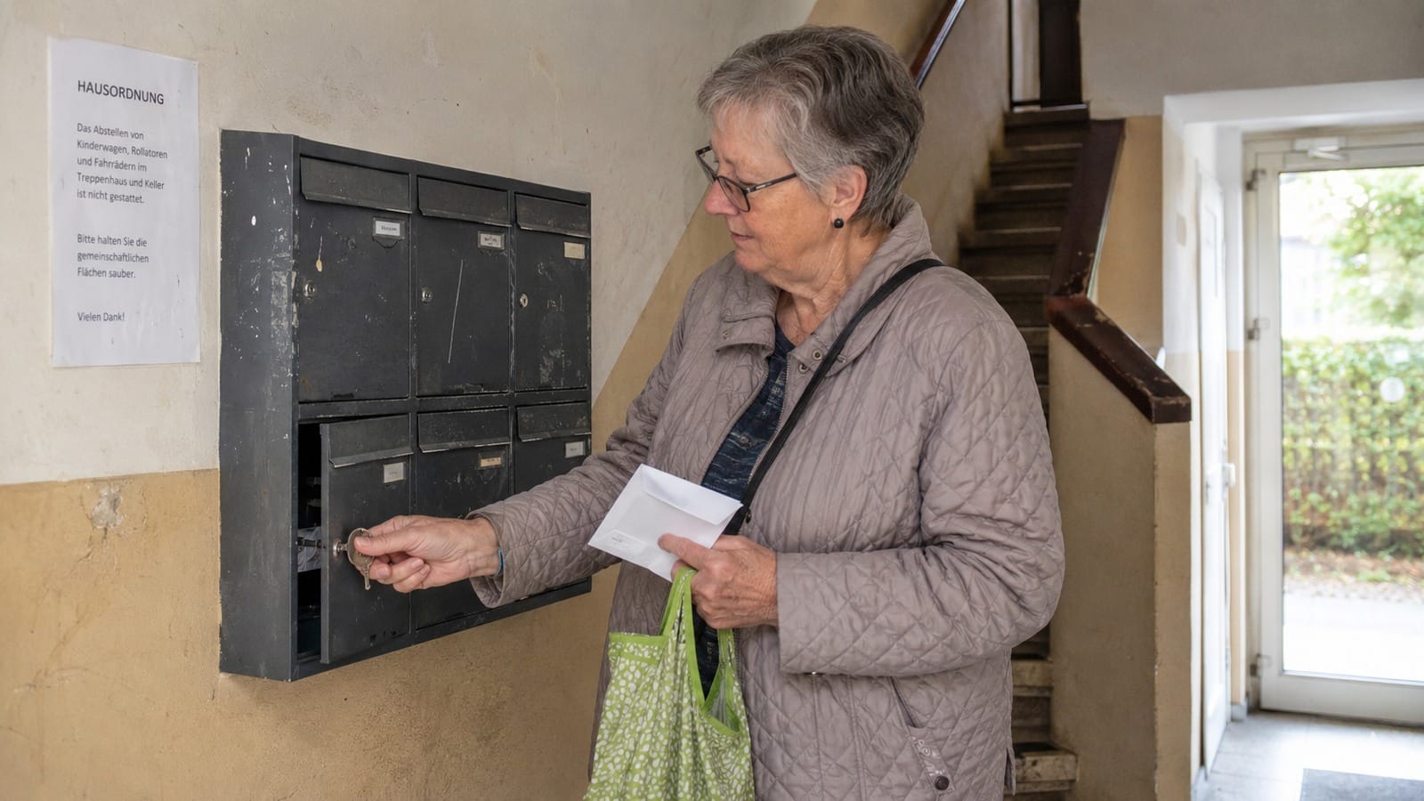 Ältere Bewohnerin mit Einkaufstasche an den Briefkästen eines alten Mehrfamilienhauses