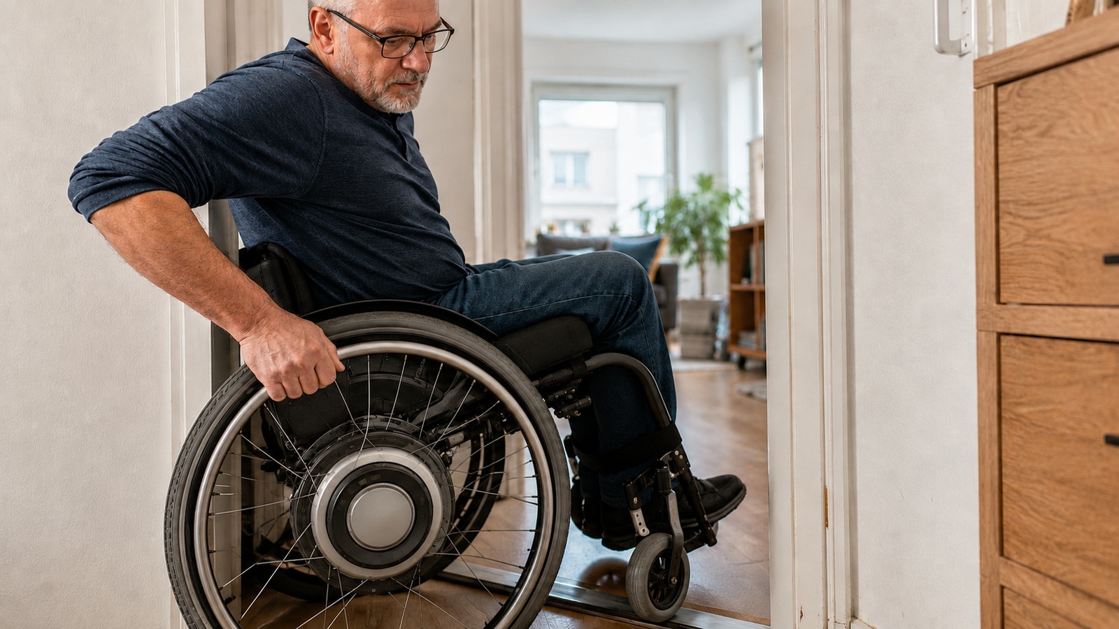 Rollstuhlnutzer fährt mit einem Greifreifenrollstuhl und elektrischem Radnabenantrieb durch eine schmale Wohnungstür.