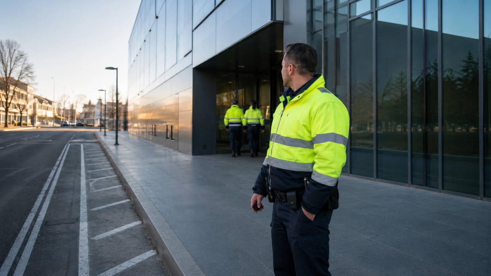 Ein Mitarbeiter der kommunalen Verkehrskontrolle steht nach einem Außeneinsatz am Rand eines städtischen Dienstgebäudes.
