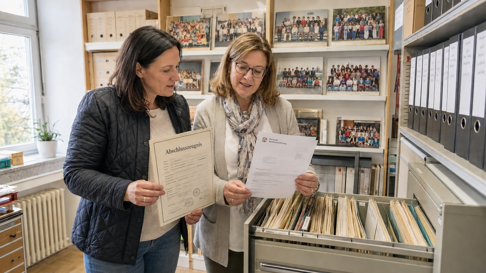 Frau lässt in einem Schularchiv alte Ausbildungszeiten für ihr Rentenkonto belegen