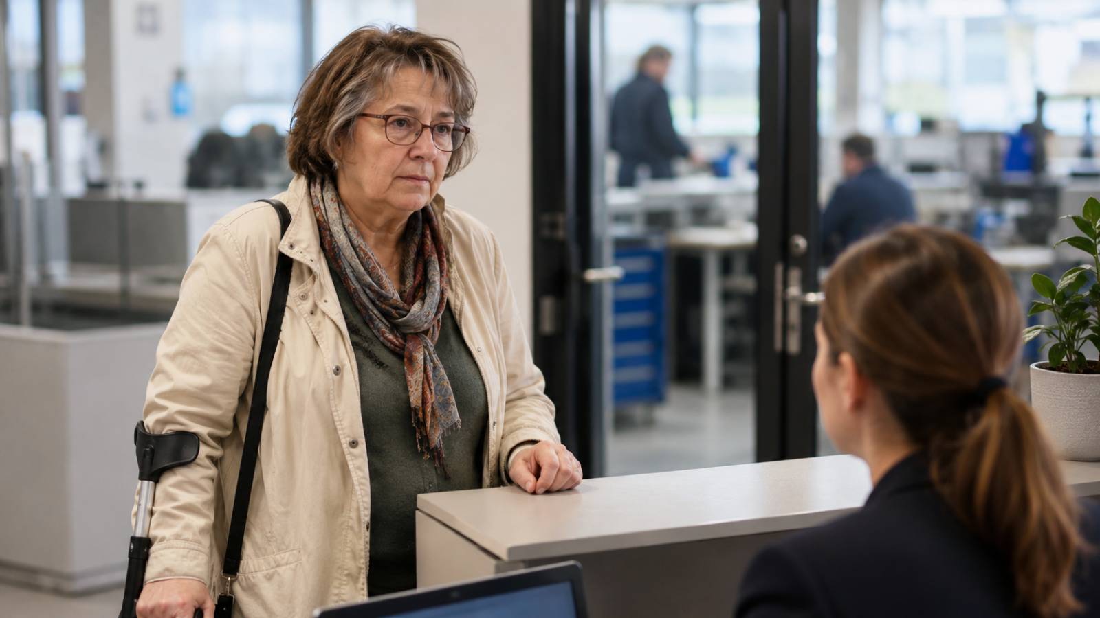 Schwerbehinderte Bewerberin mit Unterarmgehstütze spricht am Empfang eines Unternehmens mit einer Mitarbeiterin.