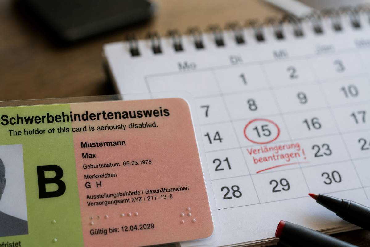 Schwerbehindertenausweis mit einem auf das Jahr 2029 datierten Ablaufdatum neben einem Kalender mit der Markierung 'Verlängerung beantragen!'