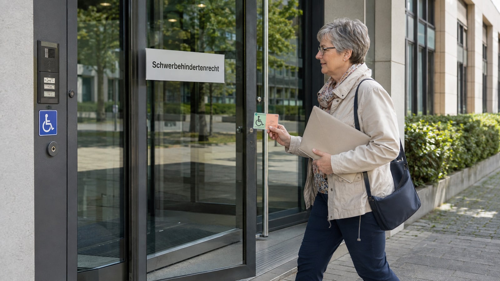 Frau geht mit Schwerbehindertenausweis zu einer Behörde für Schwerbehindertenrecht