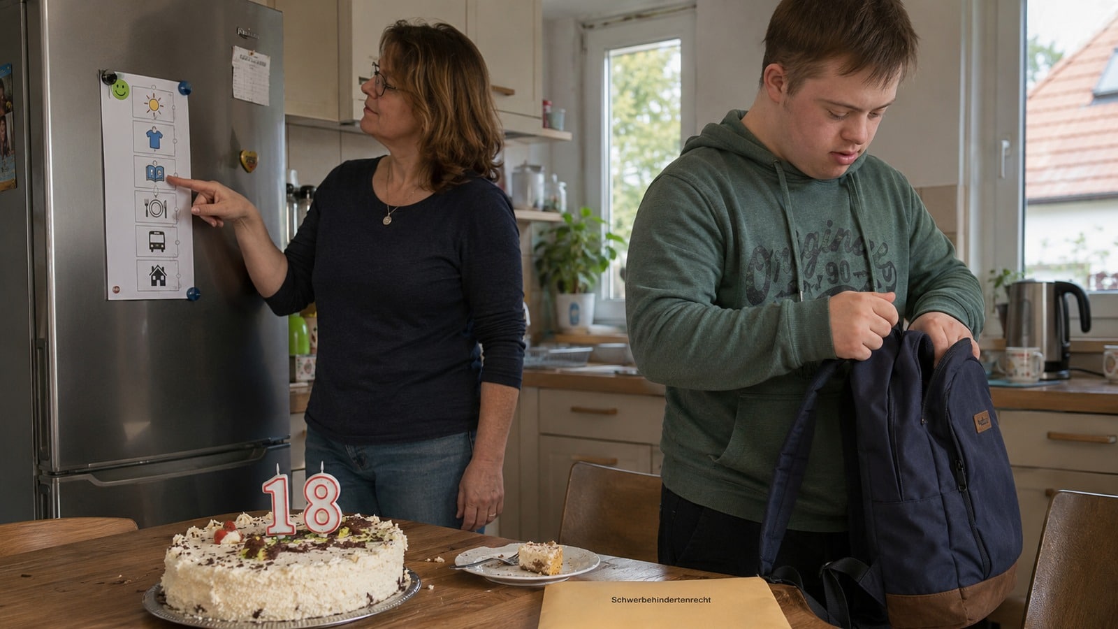 18-jähriger junger Mann mit Downsyndrom packt morgens seinen Rucksack in der Küche