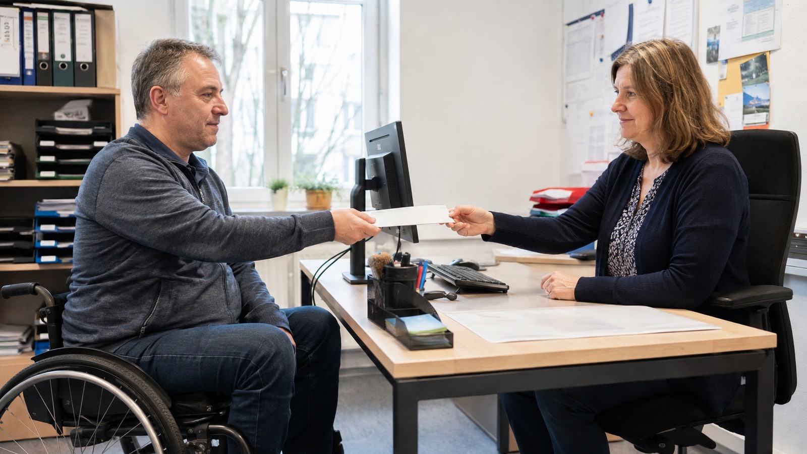 Beschäftigter im Rollstuhl übergibt einer Vertrauensperson der Schwerbehindertenvertretung einen neutralen Umschlag mit einer AU-Bescheinigung