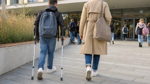 Mit Unterarmgehstützen und Schulrucksack geht ein Schüler neben seiner Mutter zum barrierefreien Eingang einer modernen Schule.