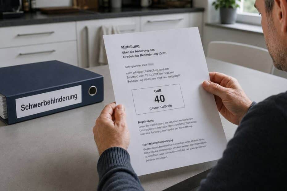 Mann liest Bescheid zur Herabsetzung des Grades der Behinderung (GdB) in einer Küche, Ordner „Schwerbehinderung“ liegt auf dem Tisch.