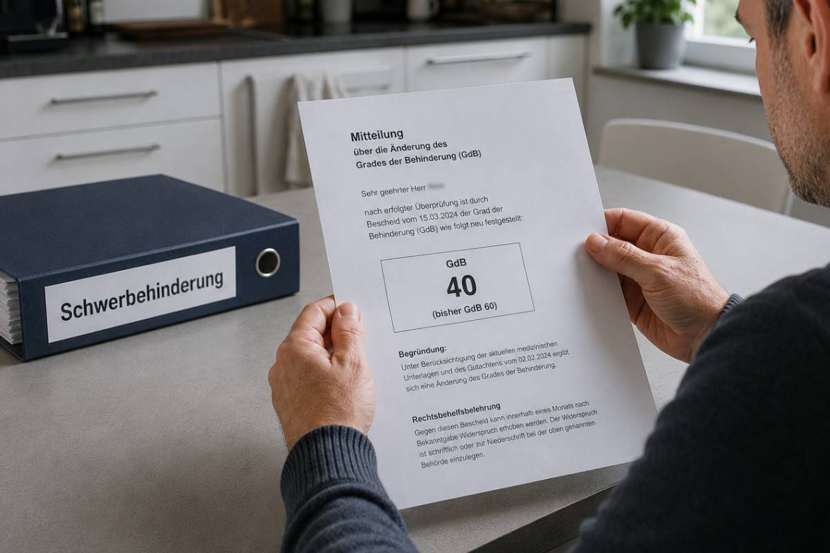 Mann liest Bescheid zur Herabsetzung des Grades der Behinderung (GdB) in einer Küche, Ordner „Schwerbehinderung“ liegt auf dem Tisch.