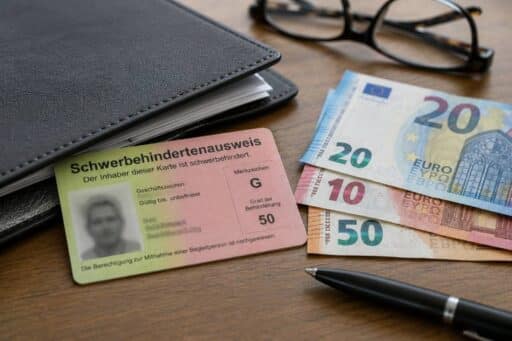Schwerbehindertenausweis neben Euro-Banknoten und Dokumentenmappe auf einem Holztisch, aufgenommen bei natürlichem Tageslicht.