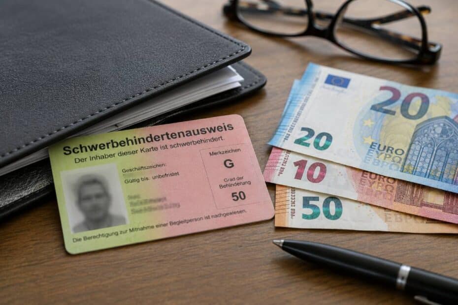 Schwerbehindertenausweis neben Euro-Banknoten und Dokumentenmappe auf einem Holztisch, aufgenommen bei natürlichem Tageslicht.