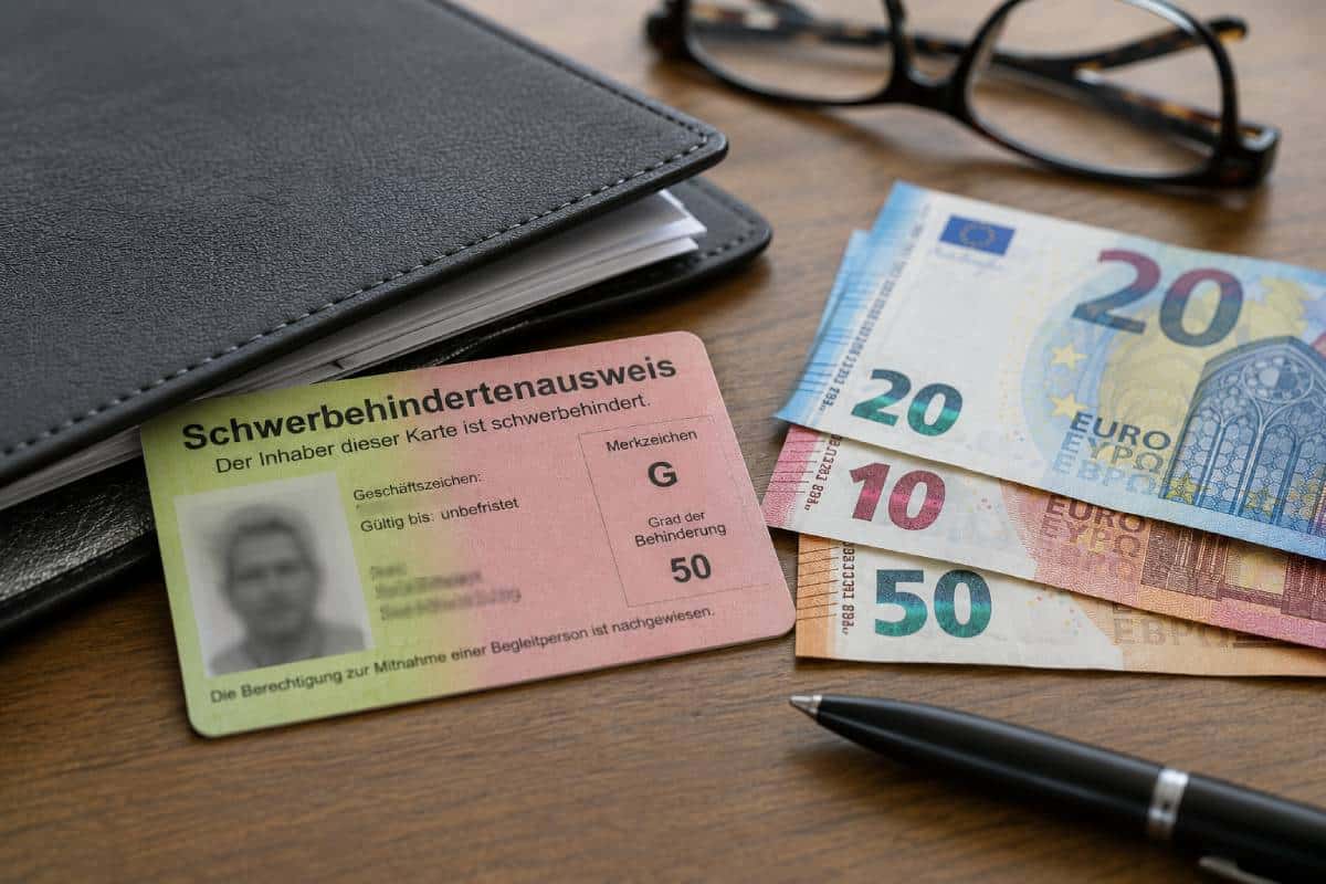 Schwerbehindertenausweis neben Euro-Banknoten und Dokumentenmappe auf einem Holztisch, aufgenommen bei natürlichem Tageslicht.