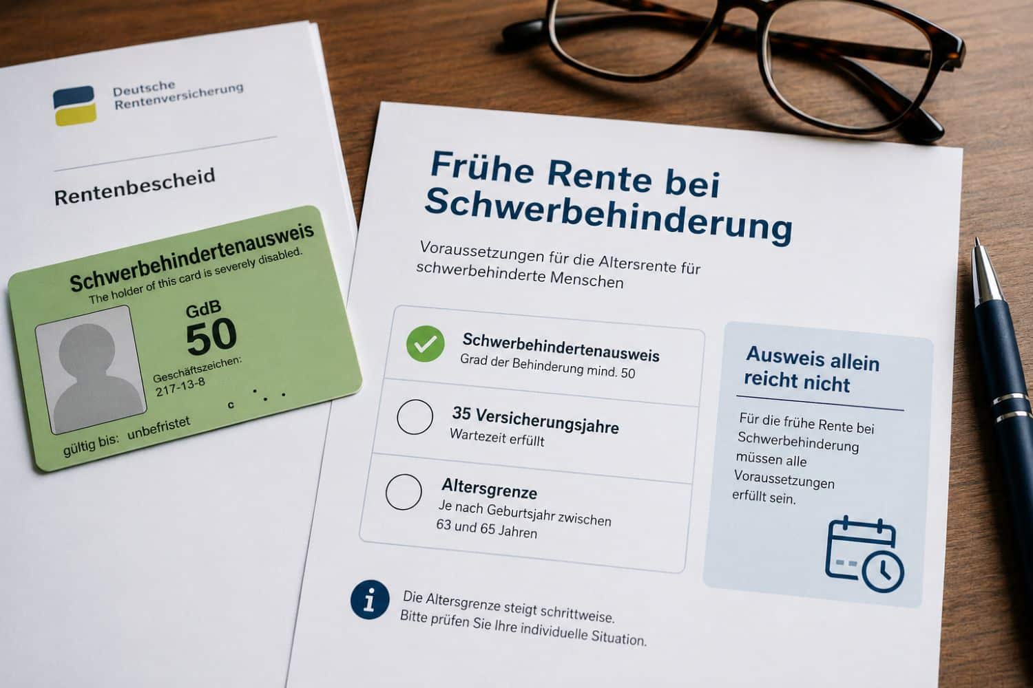 Checkliste zur Frührente und ein Schwerbehindertenausweis mit GdB 50