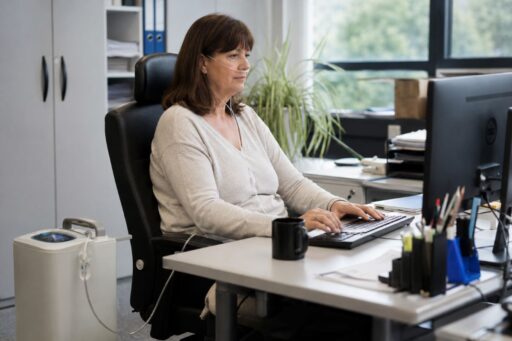Büroangestellte mit Schwerbehinderung sitzt mit Beatmungsgerät am Computer