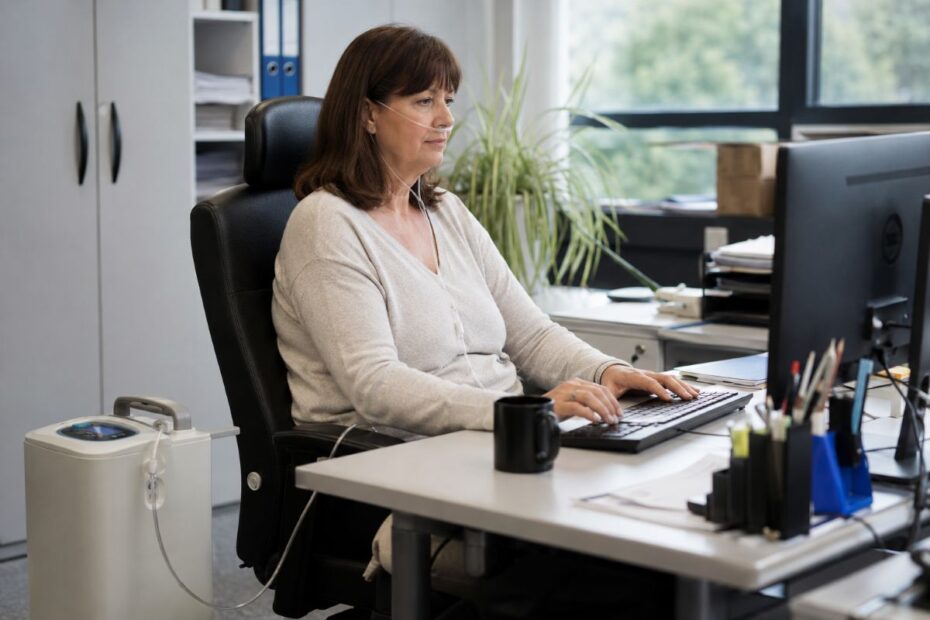 Büroangestellte mit Schwerbehinderung sitzt mit Beatmungsgerät am Computer