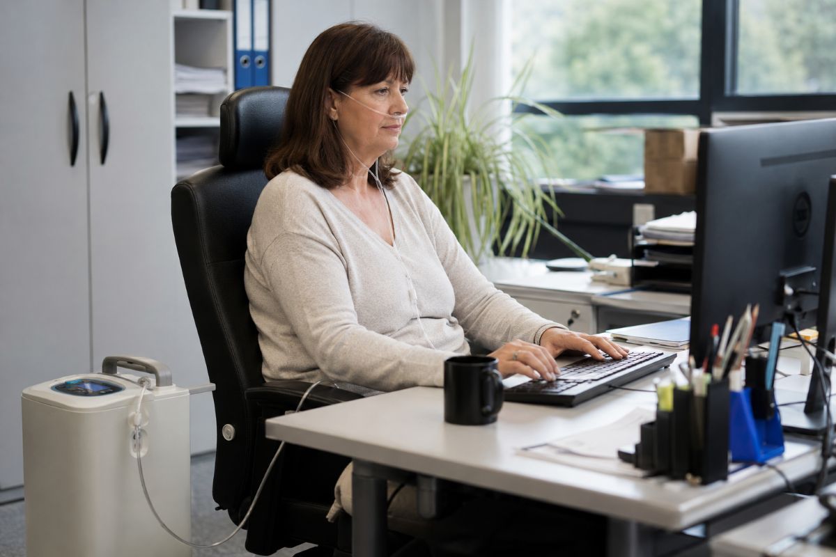 Büroangestellte mit Schwerbehinderung sitzt mit Beatmungsgerät am Computer