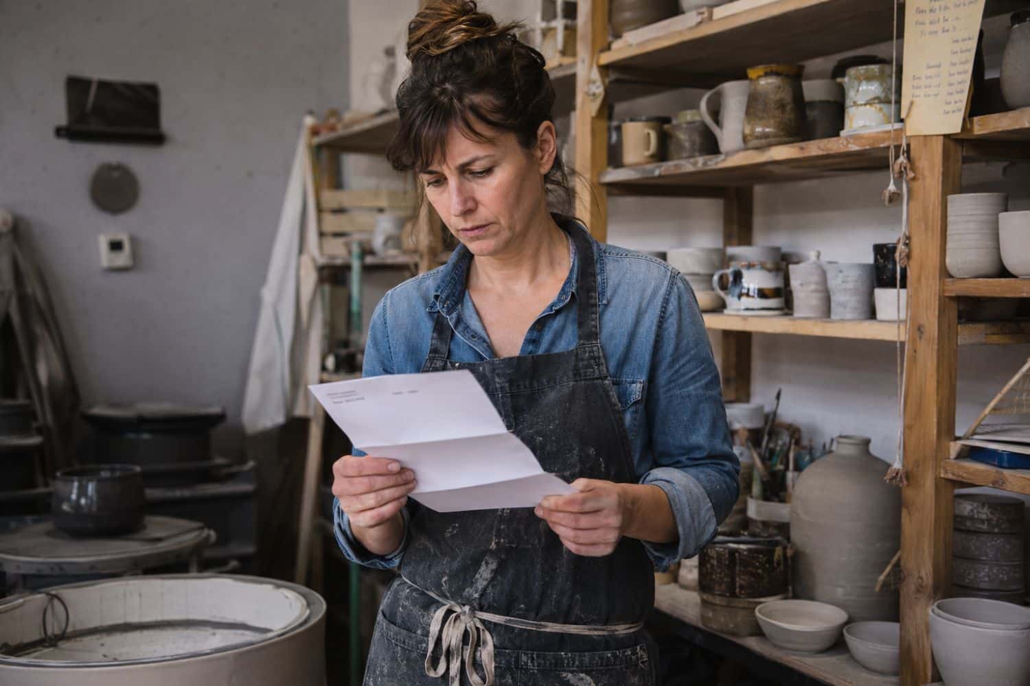 Selbständige Handwerkerin steht in ihrer Werkstatt und liest Post von der Rentenversicherung