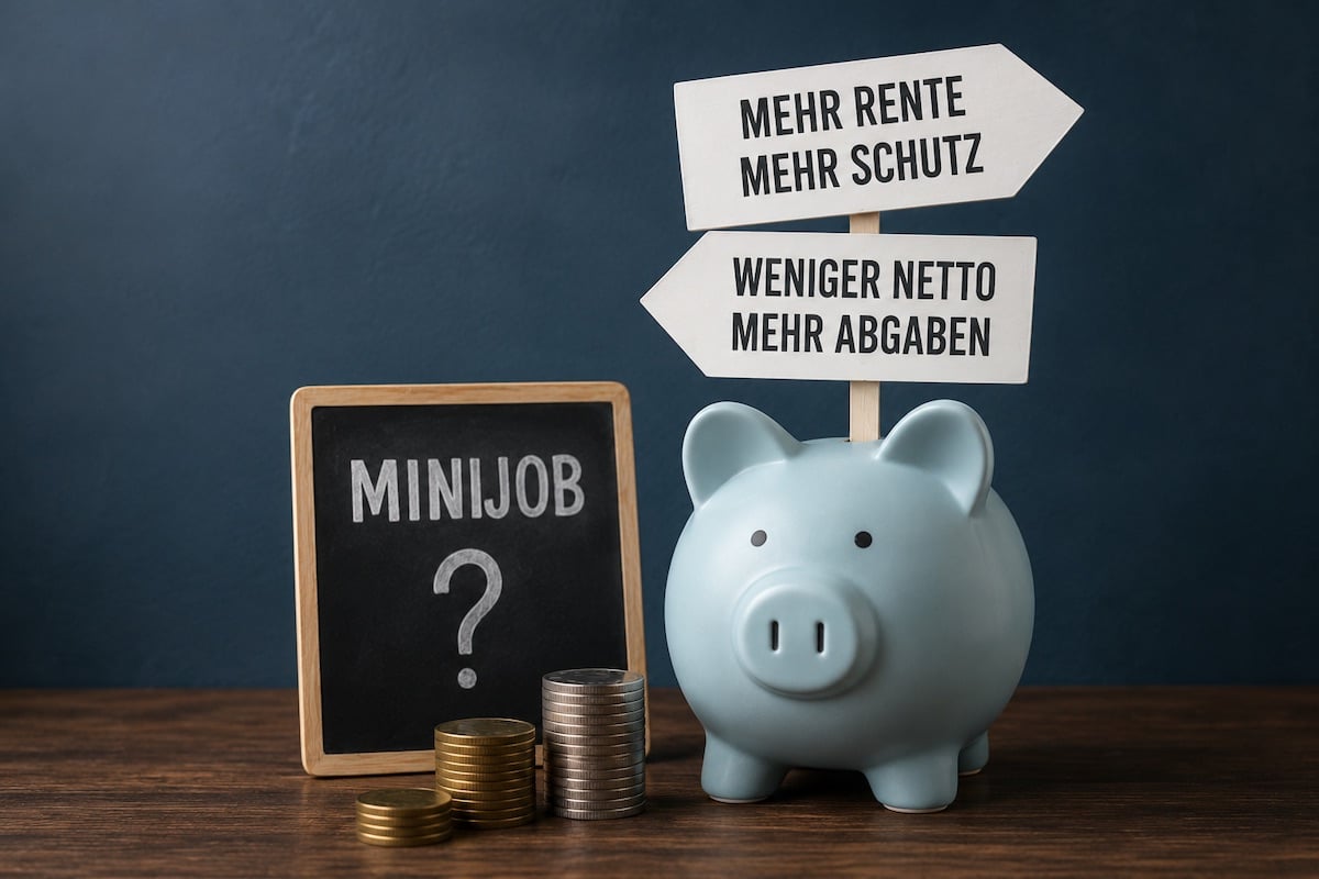 blaues Sparschein mit Minijob Fragezeichen und Schildern mit weniger Netto mehr Rente