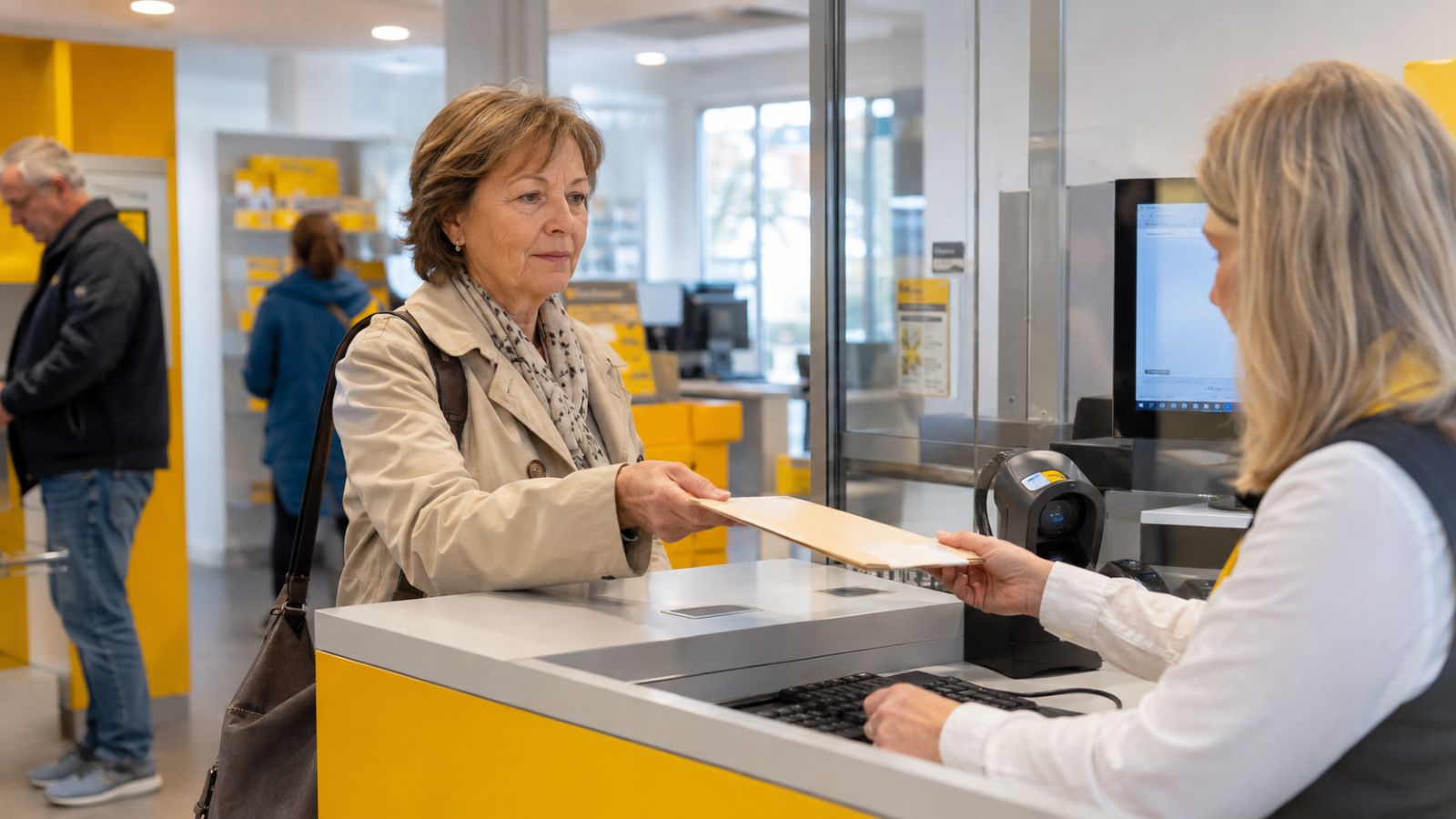 Eine Witwe übergibt an einem Serviceschalter einen Antrag auf Vorschuss an eine Mitarbeiterin.