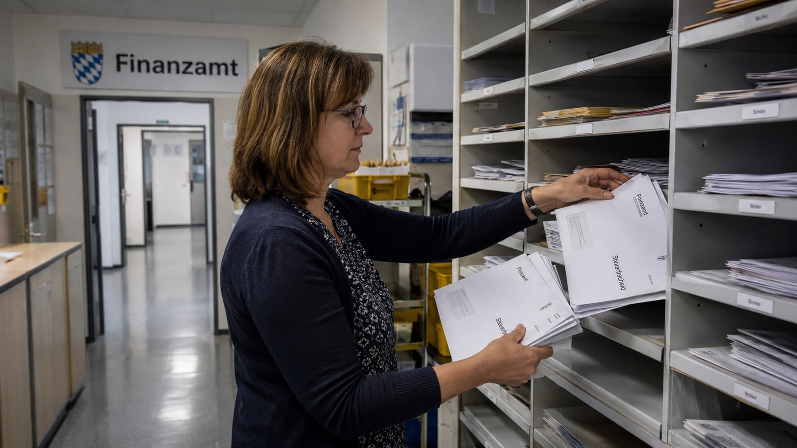 Mitarbeiterin eines Finanzamts sortiert Papier-Steuerbescheide vor geplanter ELSTER-Umstellung