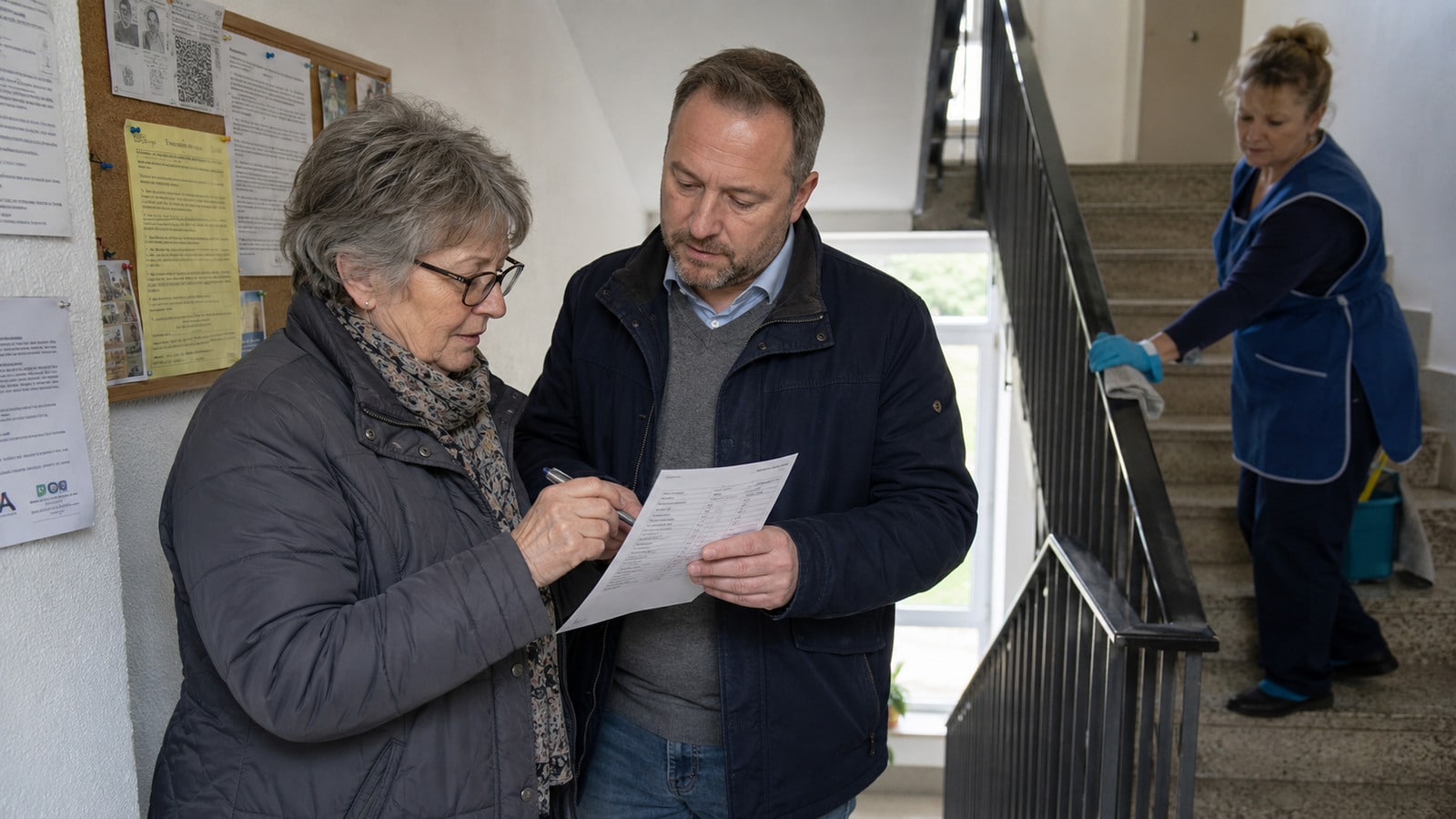 Rentnerin prüft mit dem Hausverwalter begünstigte Arbeiten in ihrer Nebenkostenabrechnung
