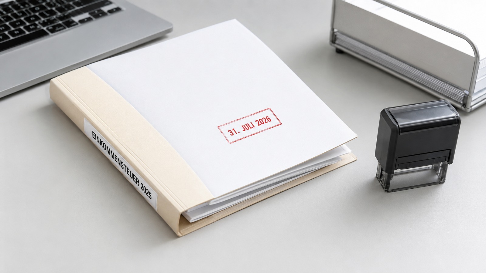 Auf einem hellen Schreibtisch liegt eine Steuerakte für 2025 neben einem Datumsstempel mit dem 31. Juli 2026.