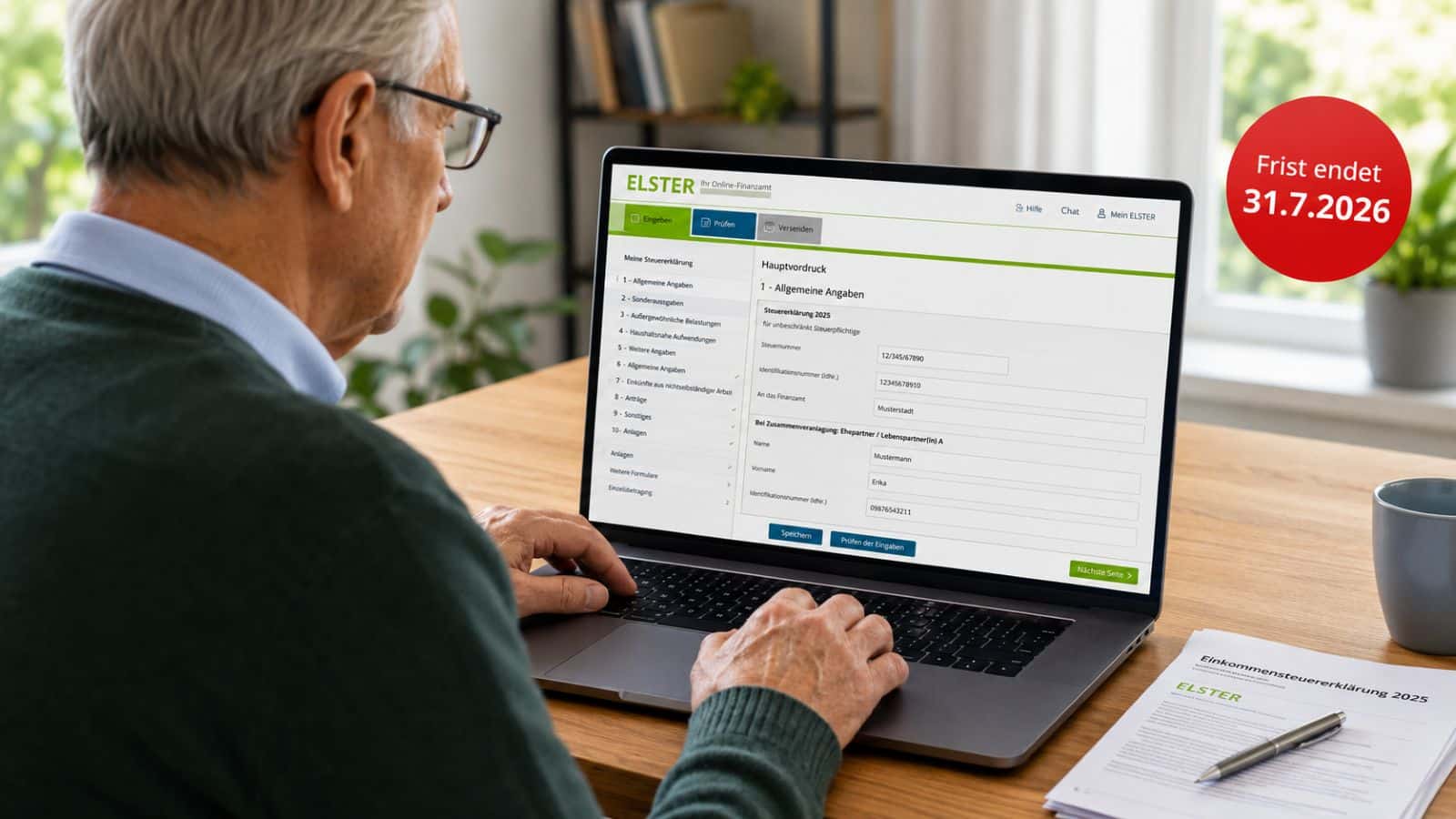 Rentner mach auf Notebook in Elster Steuererklärung, weil Frist zum 31. Juli 2026 endet