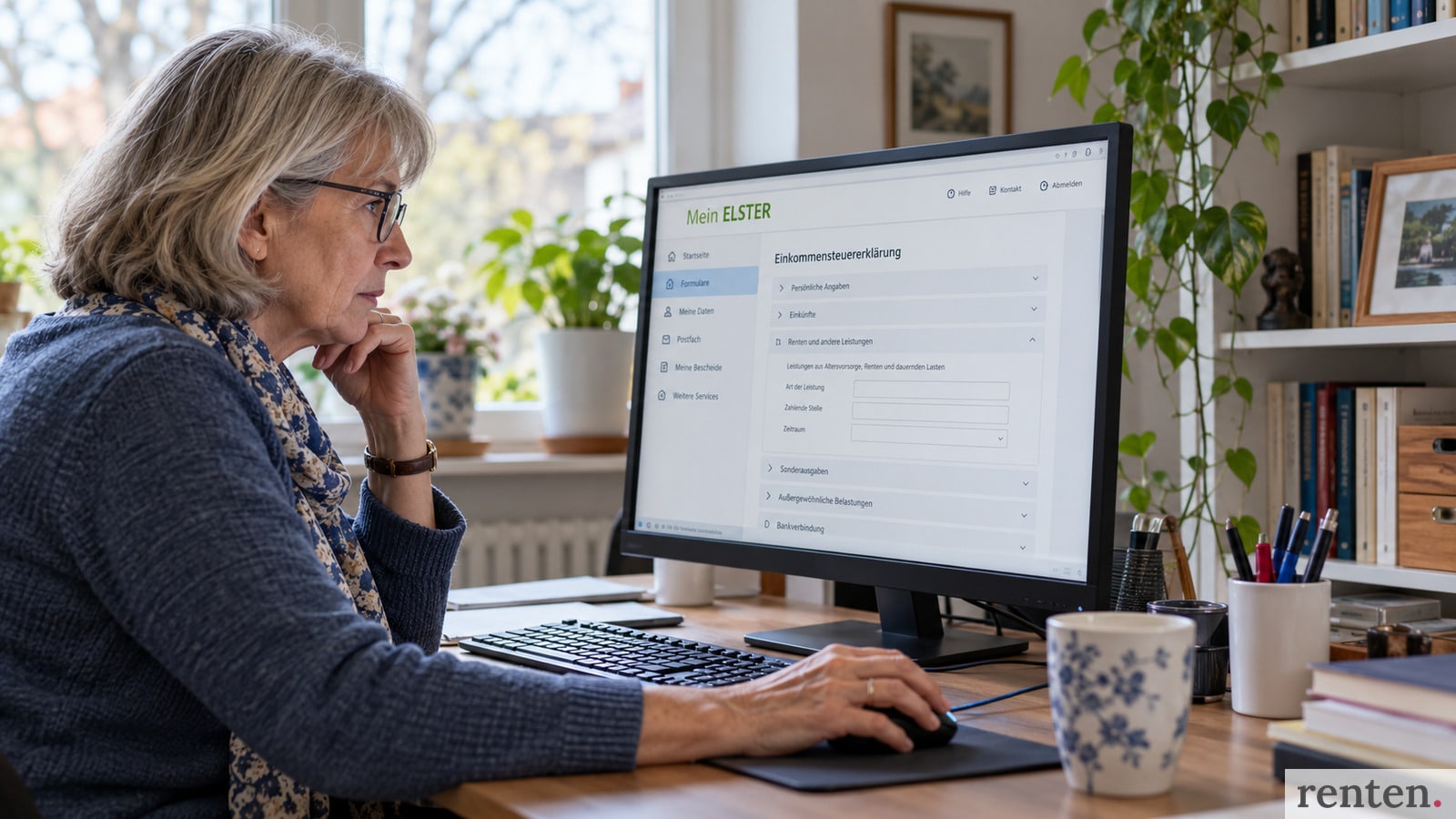 Rentnerin bearbeitet ihre Steuererklärung am Computer
