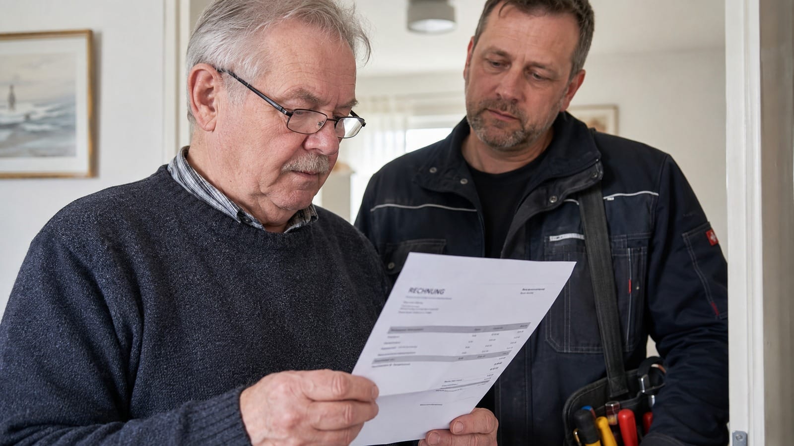 Rentner prüft nach einer Renovierung die Handwerkerrechnung