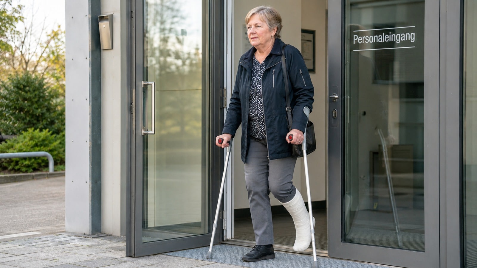 Arbeitnehmerin mit Gipsbein und Krücken verlässt einen Personaleingang
