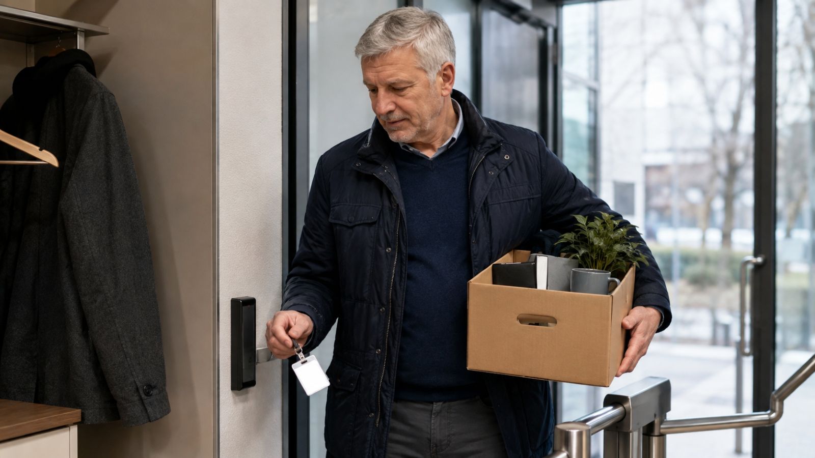 Älterer Arbeitnehmer verlässt mit gepackter Kiste und Mitarbeiterausweis seinen Arbeitsplatz nach Ende des Arbeitsverhältnisses