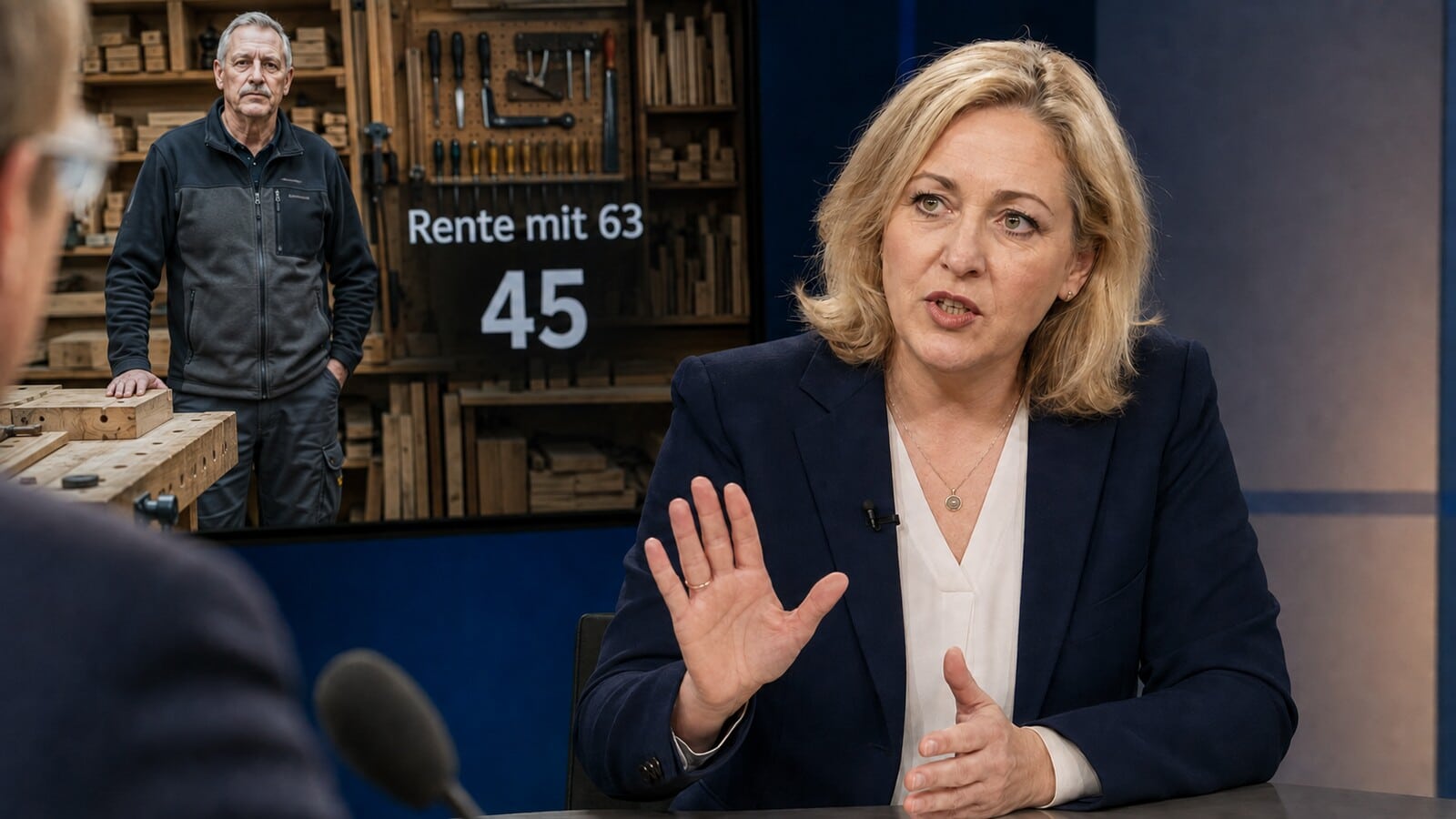 Nina Warken im Interview zur Rente mit 63 vor dem Bild eines älteren Tischlers