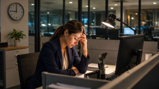 Sachbearbeiterin in einer Bank macht Überstunden in einem dunklen Büro mit Beleuchtung. Uhr zeigt auf 21 Uhr.
