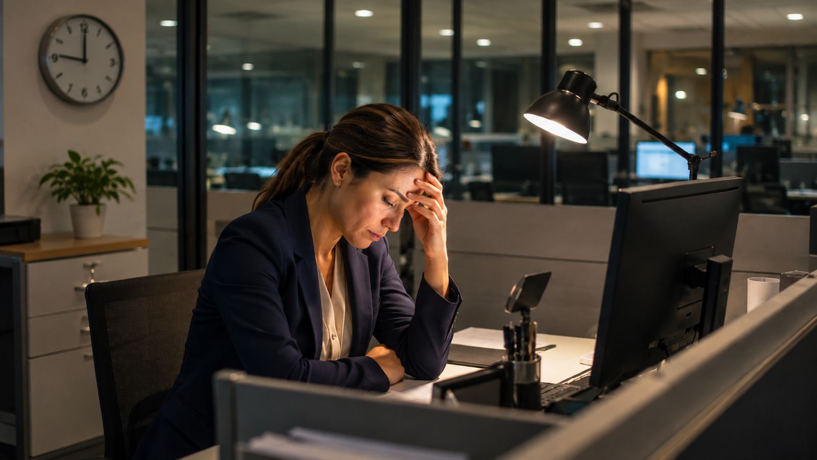 Sachbearbeiterin in einer Bank macht Überstunden in einem dunklen Büro mit Beleuchtung. Uhr zeigt auf 21 Uhr.