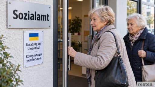 Zwei ältere Frauen betreten ein Sozialamt mit ukrainischsprachigem Beratungshinweis.