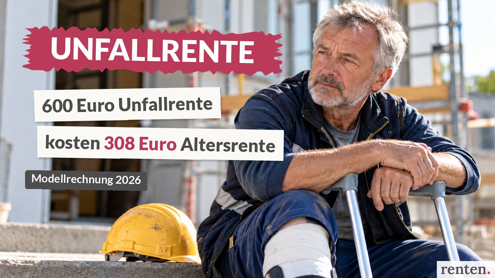 Älterer Mann mit Bauhelm und Gehhilfen. Einblendung: „600 Euro Unfallrente können 308 Euro Altersrente kosten“ – Modellrechnung.