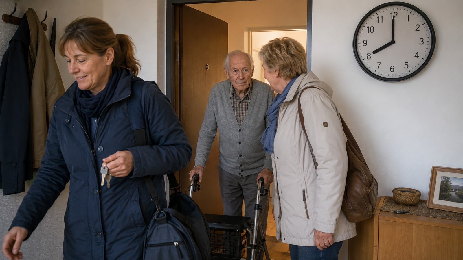 Pflegeperson verlässt morgens die Wohnung, während eine Nachbarin die Ersatzpflege übernimmt