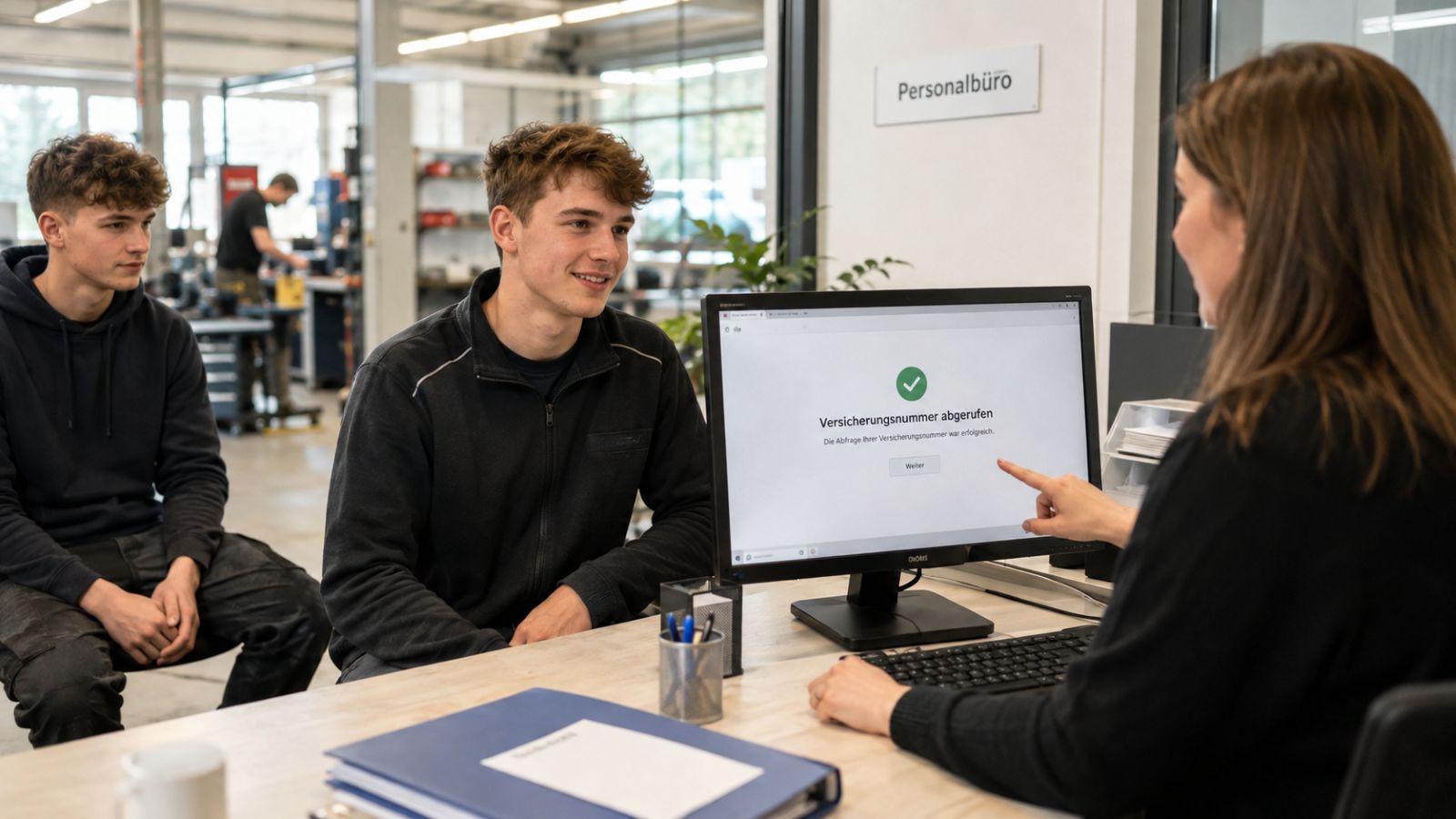 Junger Azubi gibt der Mitarbeiterin im Personalbüro den Versichertennummernnachweis für die Personalakte