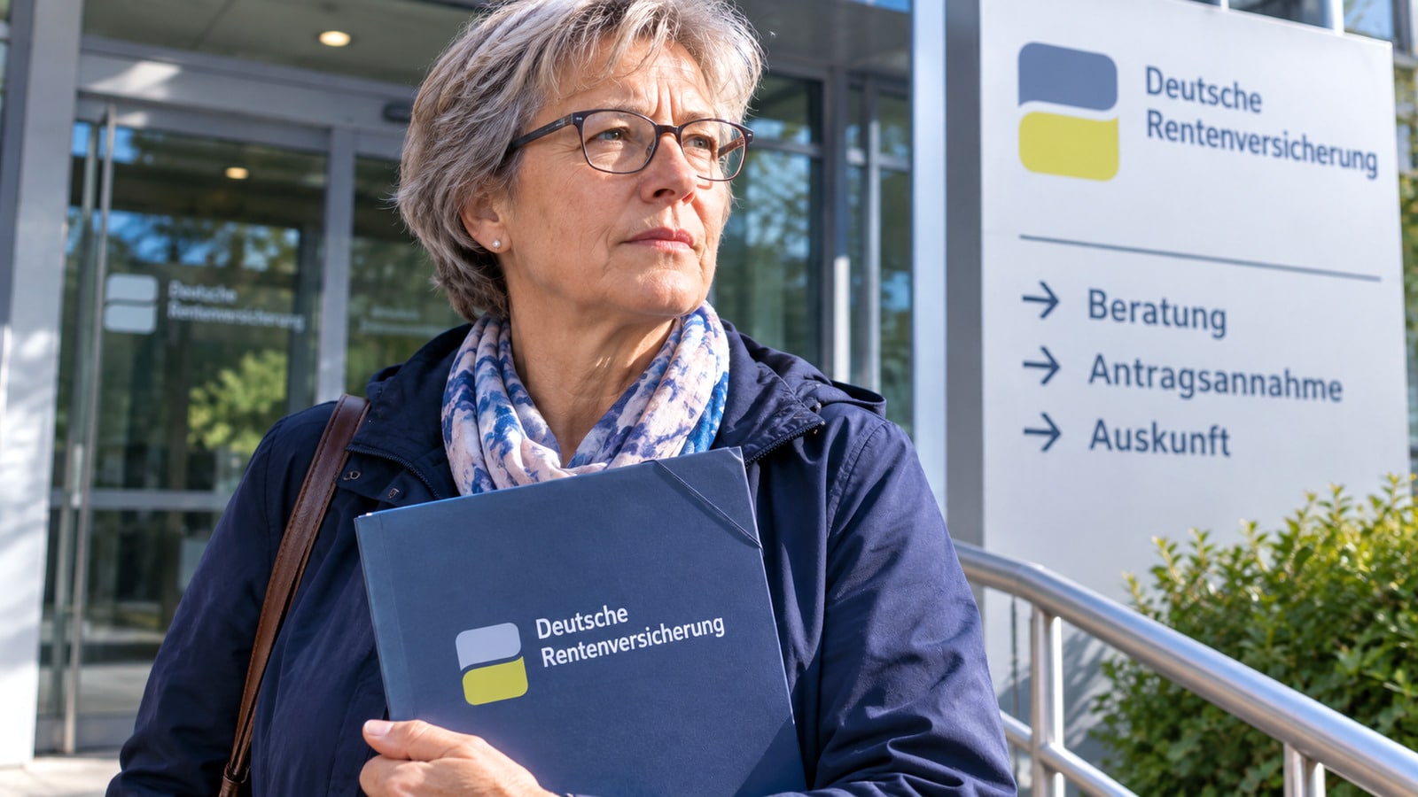 Ältere Frau vor einer Beratungsstelle der Deutschen Rentenversicherung mit Wegweiser zur Antragsannahme.
