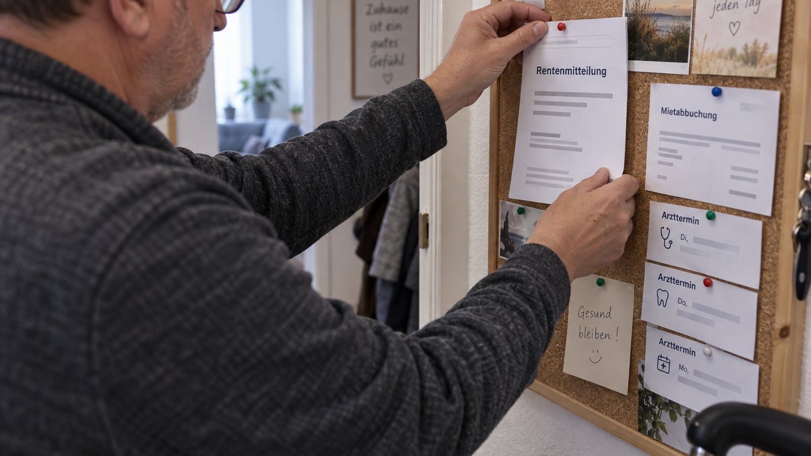 Bezieher einer vollen Erwerbsminderungsrente ordnet Rentenmitteilung, Mietabbuchung und Arzttermine an einer Pinnwand.