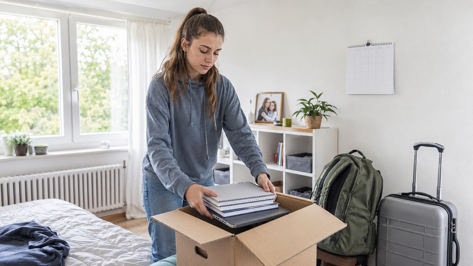Eine Studentin packt in ihrem Zimmer Bücher und einen Laptop für den Umzug an den Studienort ein.
